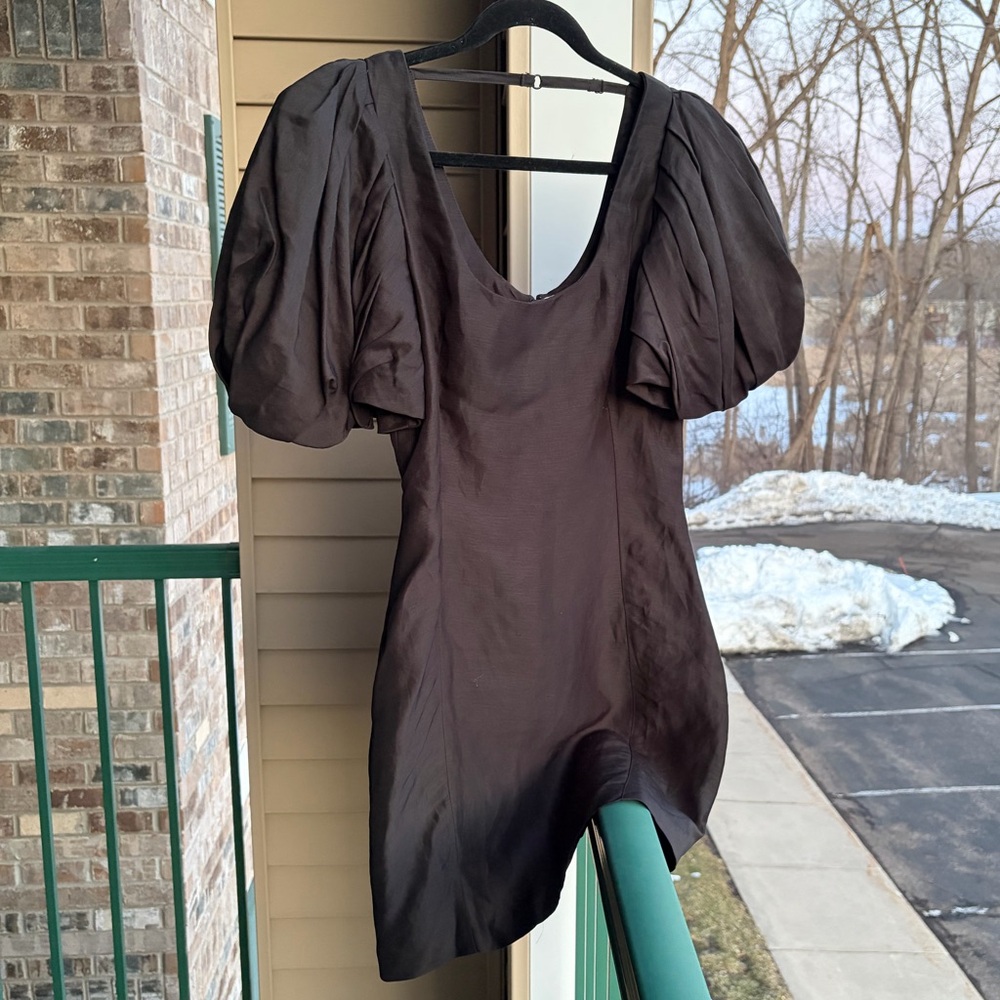 🆕 FRAME Noir Puff Sleeve Mini Dress S/P Black Viscose Linen Blend Party Office - Picture 4 of 17